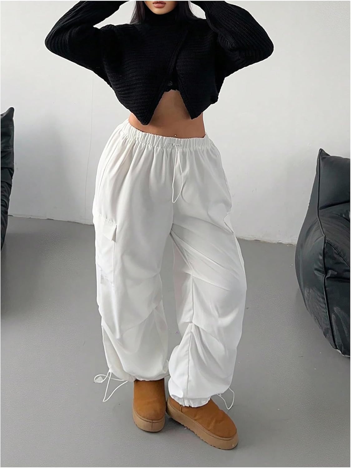 Women's Plus Size Cargo Pants Drawstring Waist Wide Leg Loose Parachute Trousers with Pockets - Image 5