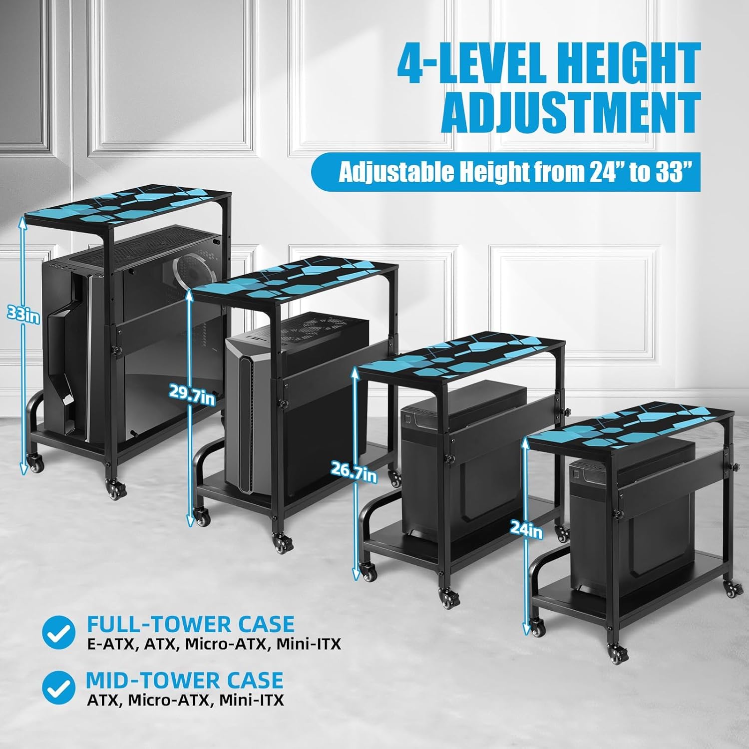 Adjustable Computer Tower Stand Large with Guardrail, 2 Tier Gaming PC Tower Stand for ATX, E-ATX, ITX, Rolling Floor Cart with Locking Metal Wheels, 32.7" X 21.6" X 15.8"