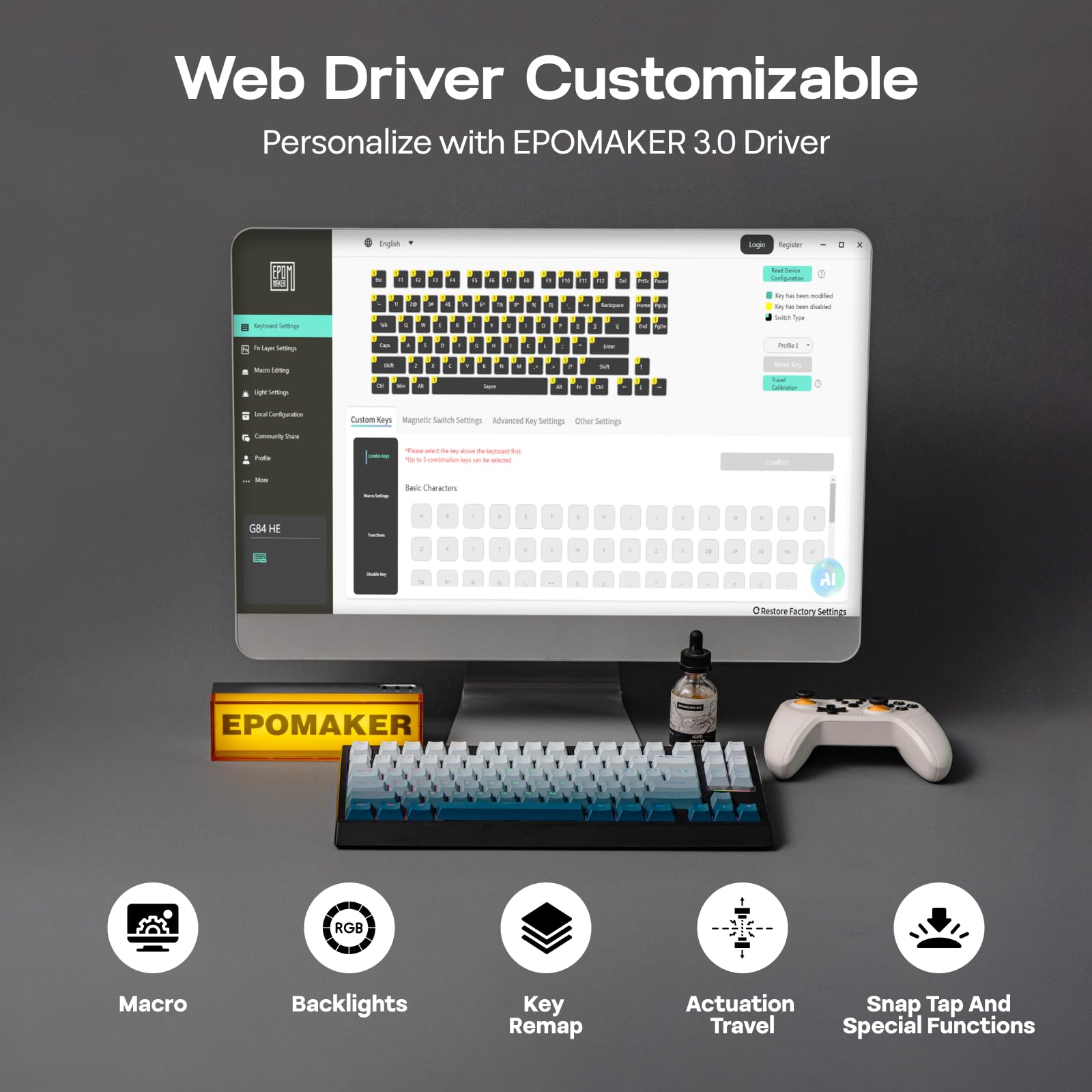 EPOMAKER G84 HE Clavier Gaming sans Fil, 8K Sondage&8000mAh, SOCD&DKS, Clavier Magnétique à Effet Hall avec Déclenchement Rapide&Actuation Réglable, RVB, Keycap PBT, Hot-Swap, QWERTY, Win/Mac (Noir)