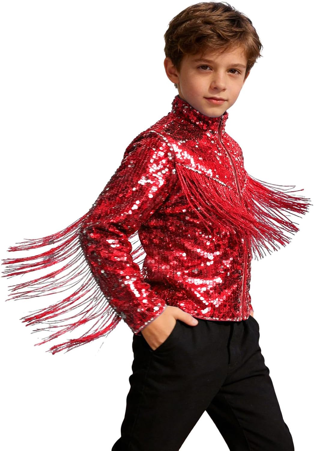 Loyan Boys Hip Hop Jazz Dance Tops Fringe Bomber Coat Tassel Sequin Jacket Outwear Disco Party Performance Costume