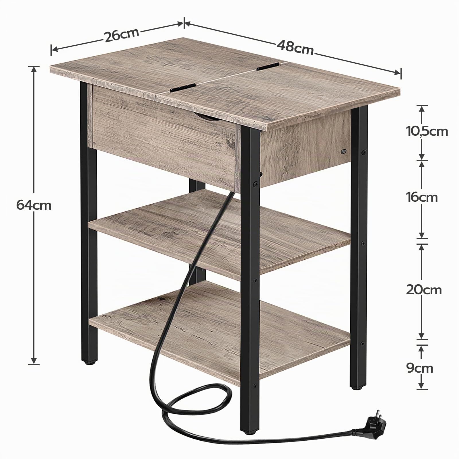 HOOBRO Mesa Auxiliar, Mesita de Sofá Abatible con Puntos de Carga y Estante de Almacenamiento, Mesita de Noche Estrecha para Espacios Reducidos, Estructura Estable, Greige y Negro EBG342BZ01