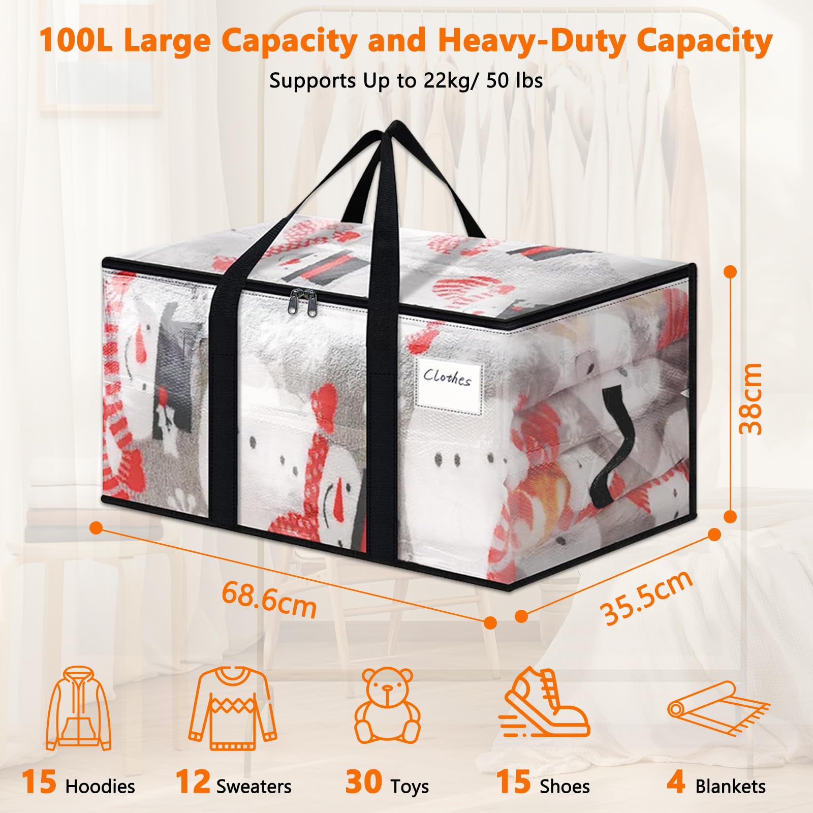 Lot de 5 Grand Sac De Rangement Vetement, 100L Boite Rangement Vetement en Transparente, Housse de Couette Pliable avec Poignées pour Demenagement, Vêtements, Couvertures, Jouets, Livres