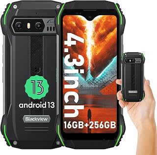 Blackview N6000 Mini telefone para uso externo, tela de 4,3 polegadas, câmera de 48 MP+16 MP, Helio G99 16 GB+256 GB, telefone Android 13 à prova d'água IP68 IP69K, modo luva, bateria de 3880 mAh, GPS NFC verde.
