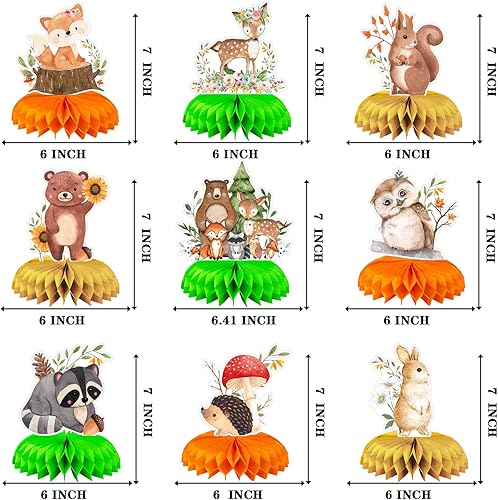 Miniatura 2 de 9 piezas de centro de mesa de nido de abeja de animales del bosque, decoración de baby shower, decoración 3D para Wild One, camping, fiesta,
