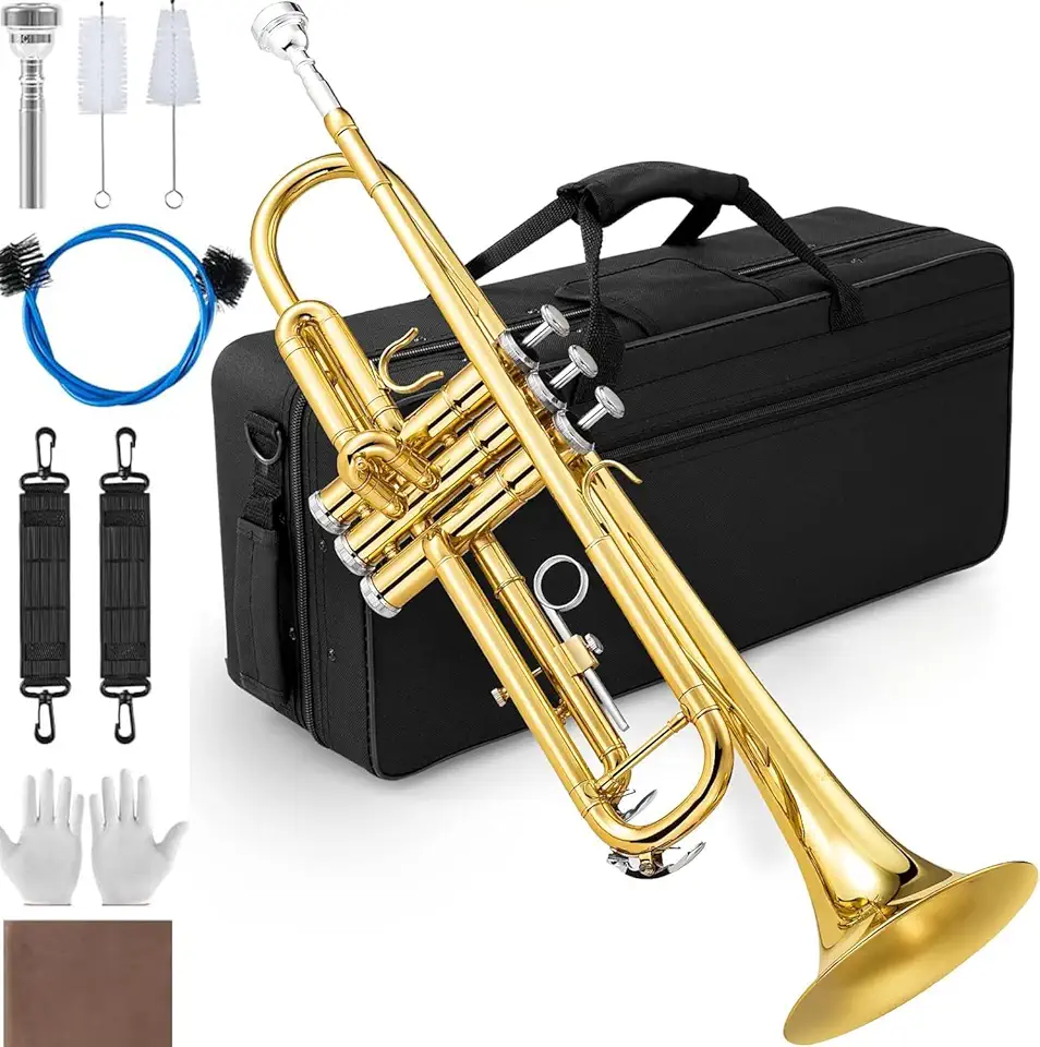 Trompete Bb de Latão Amarelo para Iniciantes, Boquilha 7C, Estojo Rígido, Kit de Limpeza e Som Brilhante – Perfeito para Bandas Escolares e Samba Brasileiro