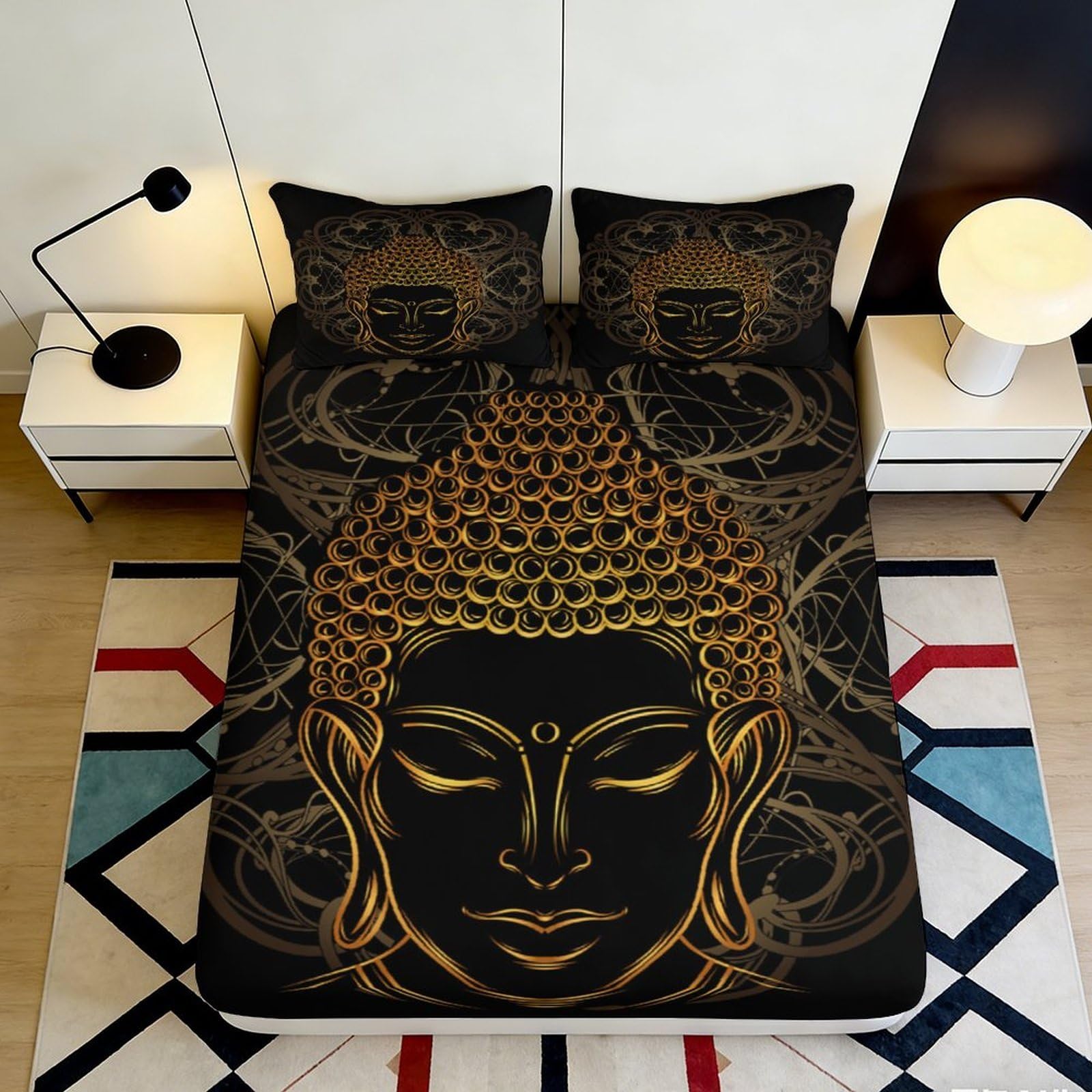 3D Printed Buddha Gold Mandala Fitted Sheet Microfiber Soft Non Slip Black Mattress Cover for Bedroom Guestroom Decor 90x200x25cm