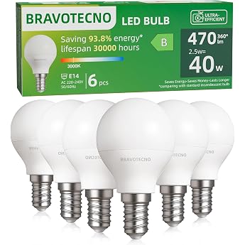 bravotecno E14 LED Light Bulb, Energy Class B, E14 LED Warm White, 3000 K, 2.5 W, 470 LM, G45/P45 Warm White Bulb, Equivalent