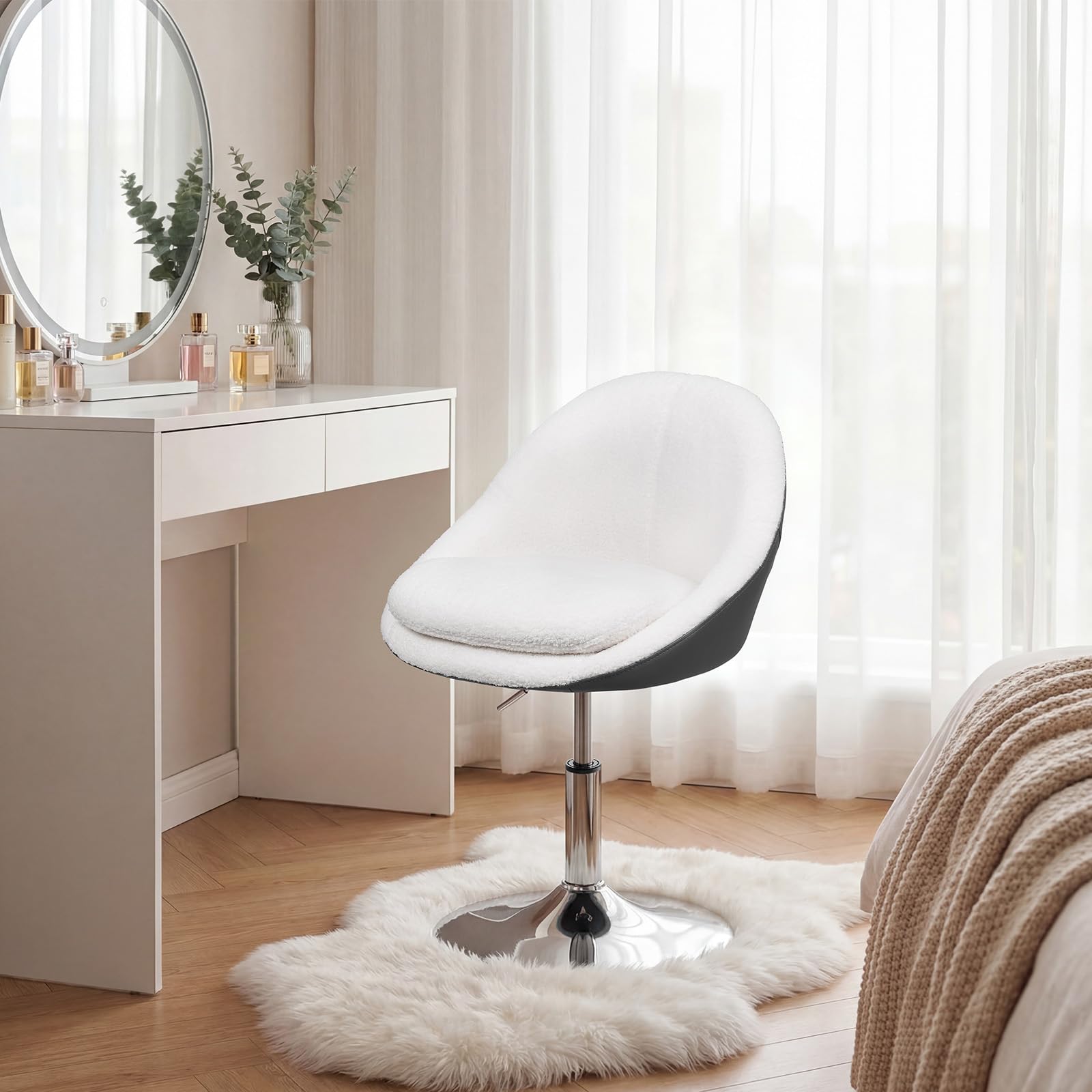 WOLTU Silla Tocador Maquillaje, Taburete de Tocador con Respaldo PU, Silla Giratoria 360°, Altura Ajustable, Funda de Tejido Polar Teddy, para Vestidor Dormitorio Estudio, Carga 150 kg, Blanco+Gris