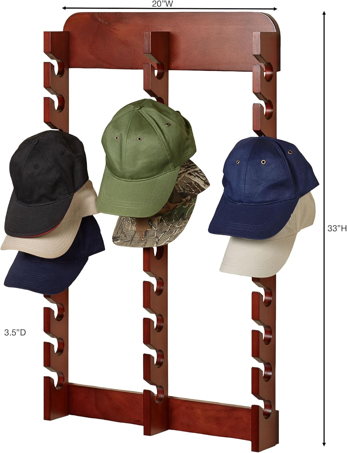 Touch of Class Wooden Ball Cap Display Wall Rack - Classic Cherry - Triple, 30 Slots - Baseball Hat Display - Made of Wood - Class Racks for Hats - Organizer for Bedroom, Living Room, Entryway
