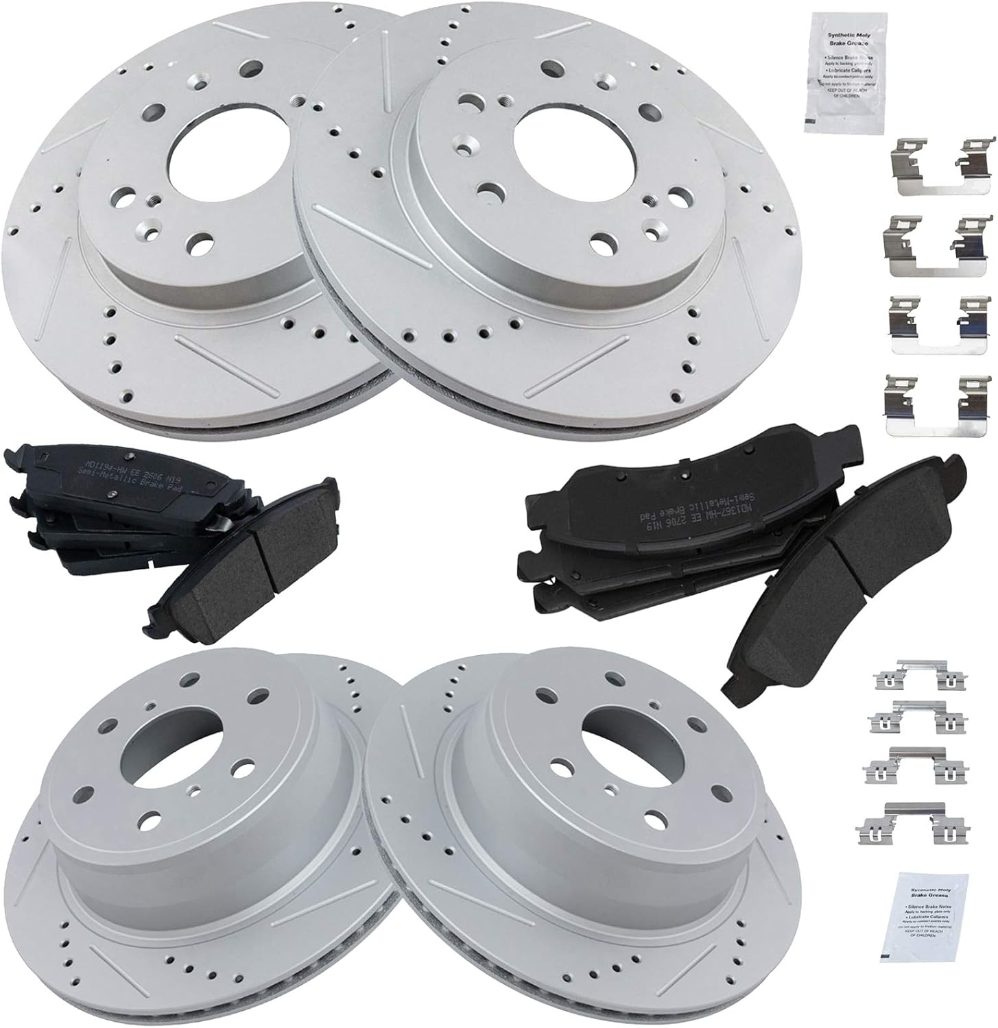 TRQ Front & Rear Brake Pad & Rotor Kit Semi-Metallic Premium G-Coated Slotted X Drilled Compatible with 08-14 Cadillac 07-14 Chevrolet GMC