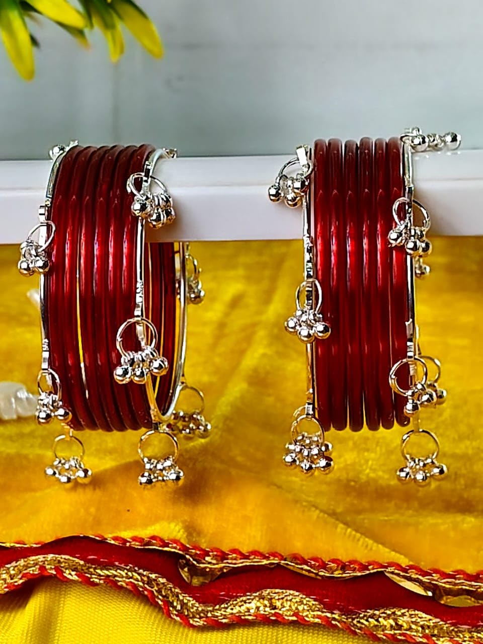 ZULKA Premium Glass Bangles Set with Ghungroo For Women & Girls | Daily Use Kangan Bangles | Kada Set | Kanch Ke Kade | Bangles Bracelet Set For Girls - Set Of 12 (ZU_GO2-Bangles-S-Red-2.4) 1