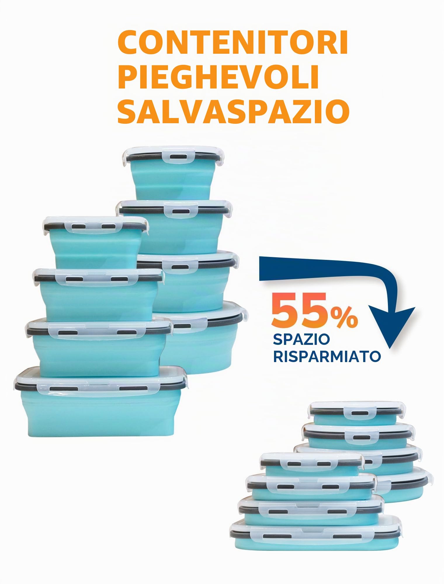 Lunememo Contenitori Pieghevoli Per Alimenti, Adatti al Congelatore e Alla Lavastoviglie, Contenitori per Pranzo in silicone, Adatto per Campeggio, Coperchio, 16 Pezzi, Blu