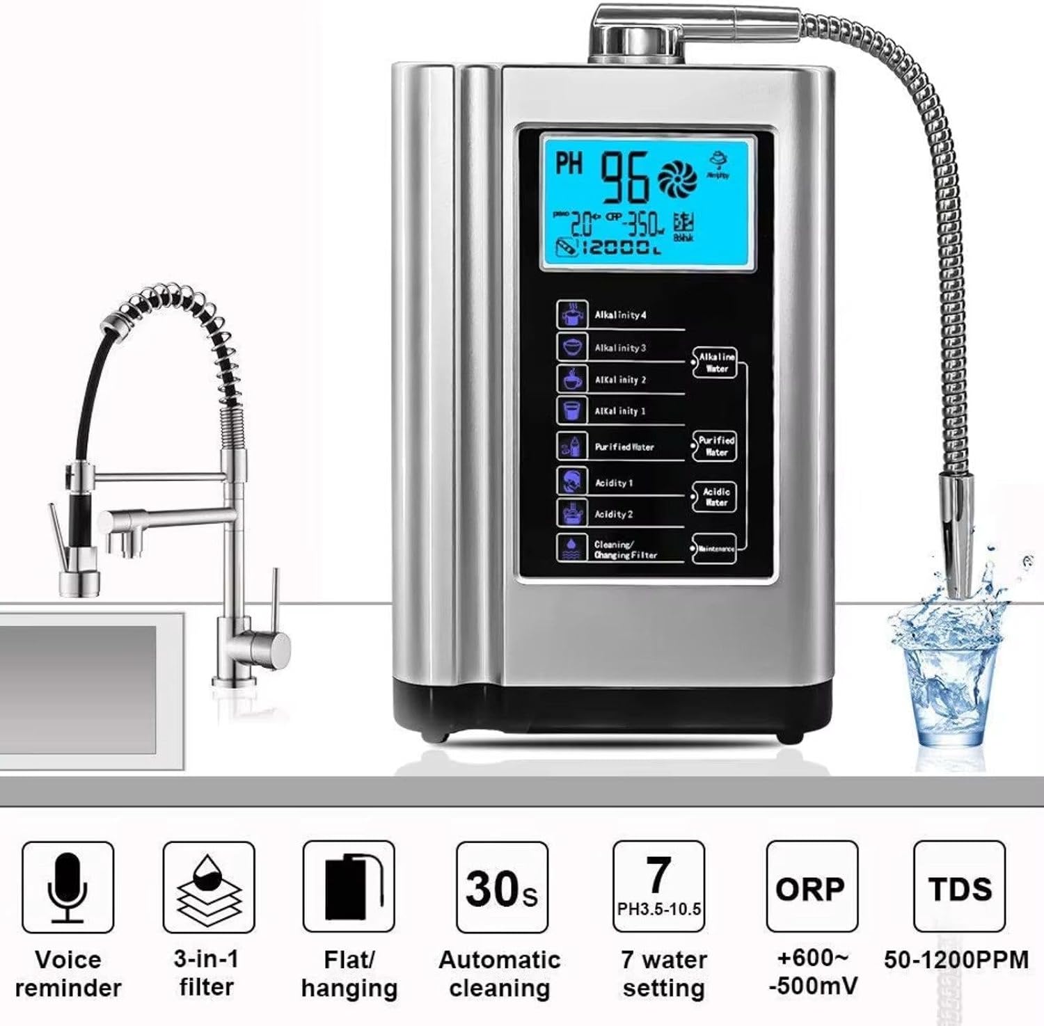 Alkaline Water Ionizer Machine, Multi-Level pH Water Filter System, 3.5 L/min Flow Rate, Easy Installation, Auto Cleaning Function, 3 Types Water Output, Countertop or Wall Mount White
