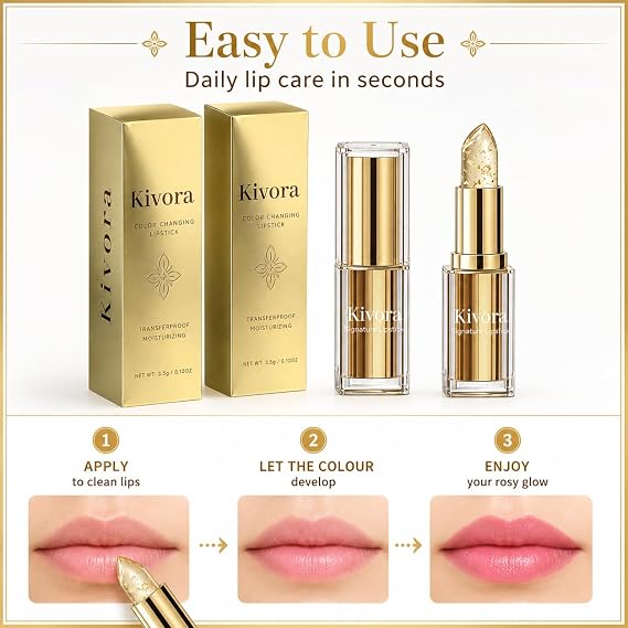 2Pack Kivora Ph Lipstick Colour Changing, Ph Adaptive Lipstick, Lip Balm with Gold Foil, Contains Gold Leaf, Non-stick Cup, Long-Lasting Color, 24h Hydrating