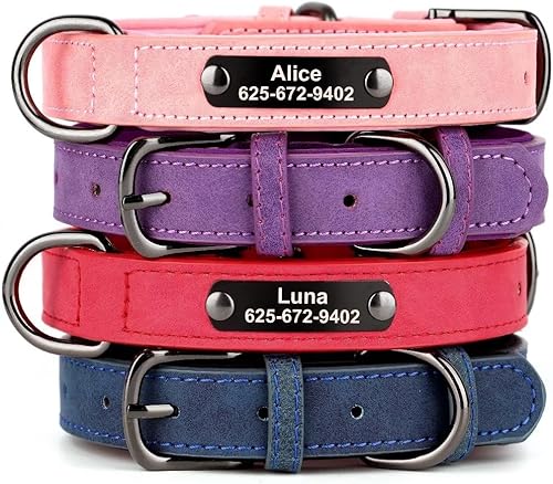 Miniatura 8 de Collar de perro de cuero acolchado suave, collar de perro personalizado con placa de nombre grabada, collares de cuero personalizados de alta