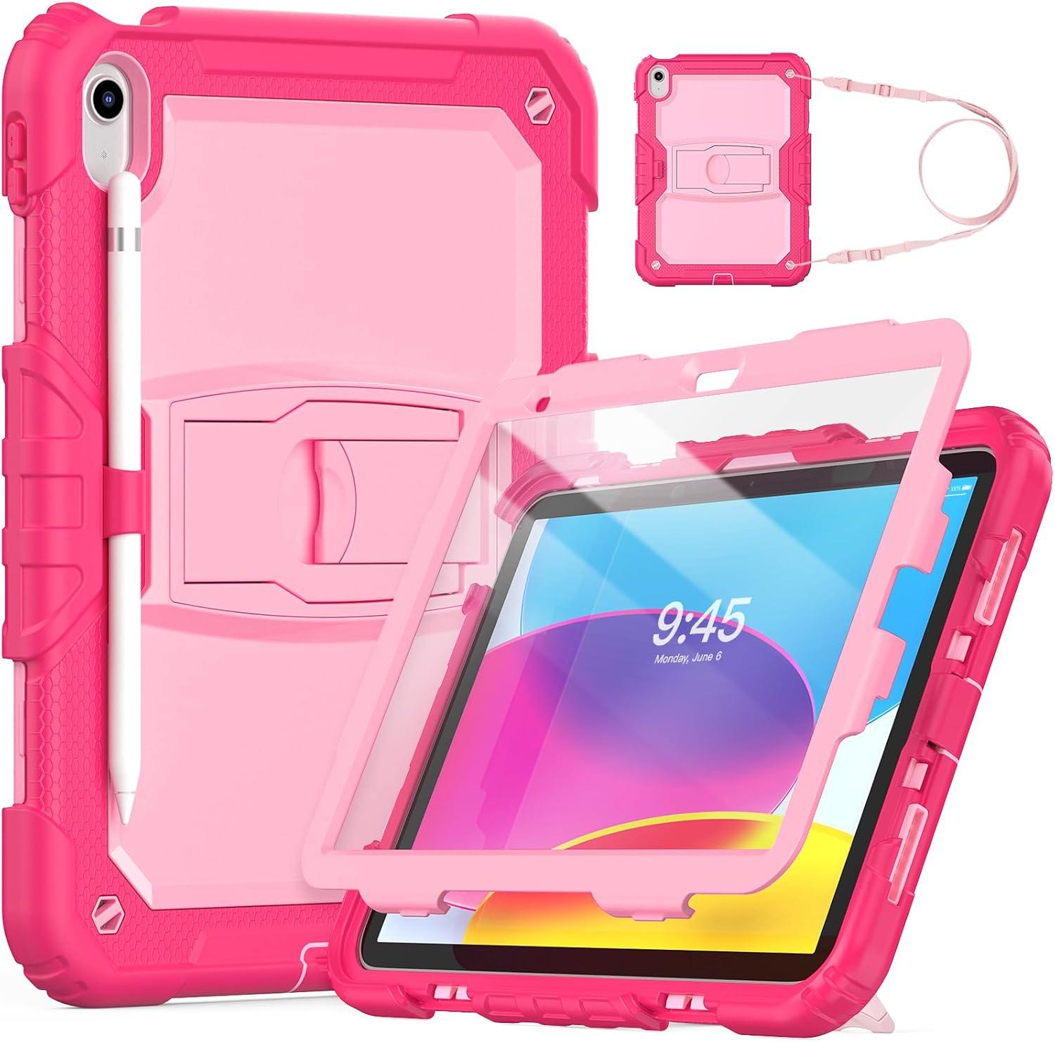 HXCASEAC Case for iPad (A16) 11th Generation 11 inch, iPad 10th Gen Case 10.9 inch, Drop Proof with Screen Protector, Pencil Holder, Shoulder Strap, Foldable Stand, Cute iPad Case for Kids, Hot Pink