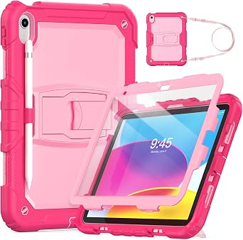 HXCASEAC Pink iPad A16 Case 11th Generation/iPad 10th Generation Case Kids Girl, Drop Proof with Screen Protector, Pencil Holder, Shoulder Strap, Cute, Hot Pink