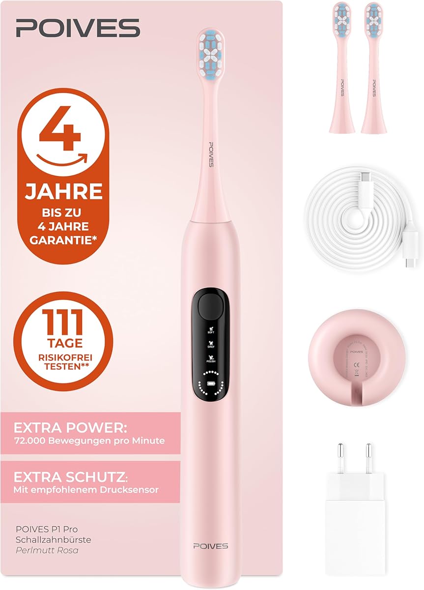 Schallzahnbürste POIVES P1 Pro - Elektrische Zahnbürste mit Drucksensor und 72.000 Bewegungen, bis zu 4 Jahre Garantie, 111 Tage Risikofrei testen, lange Akkulaufzeit, Perlmutt Rosa