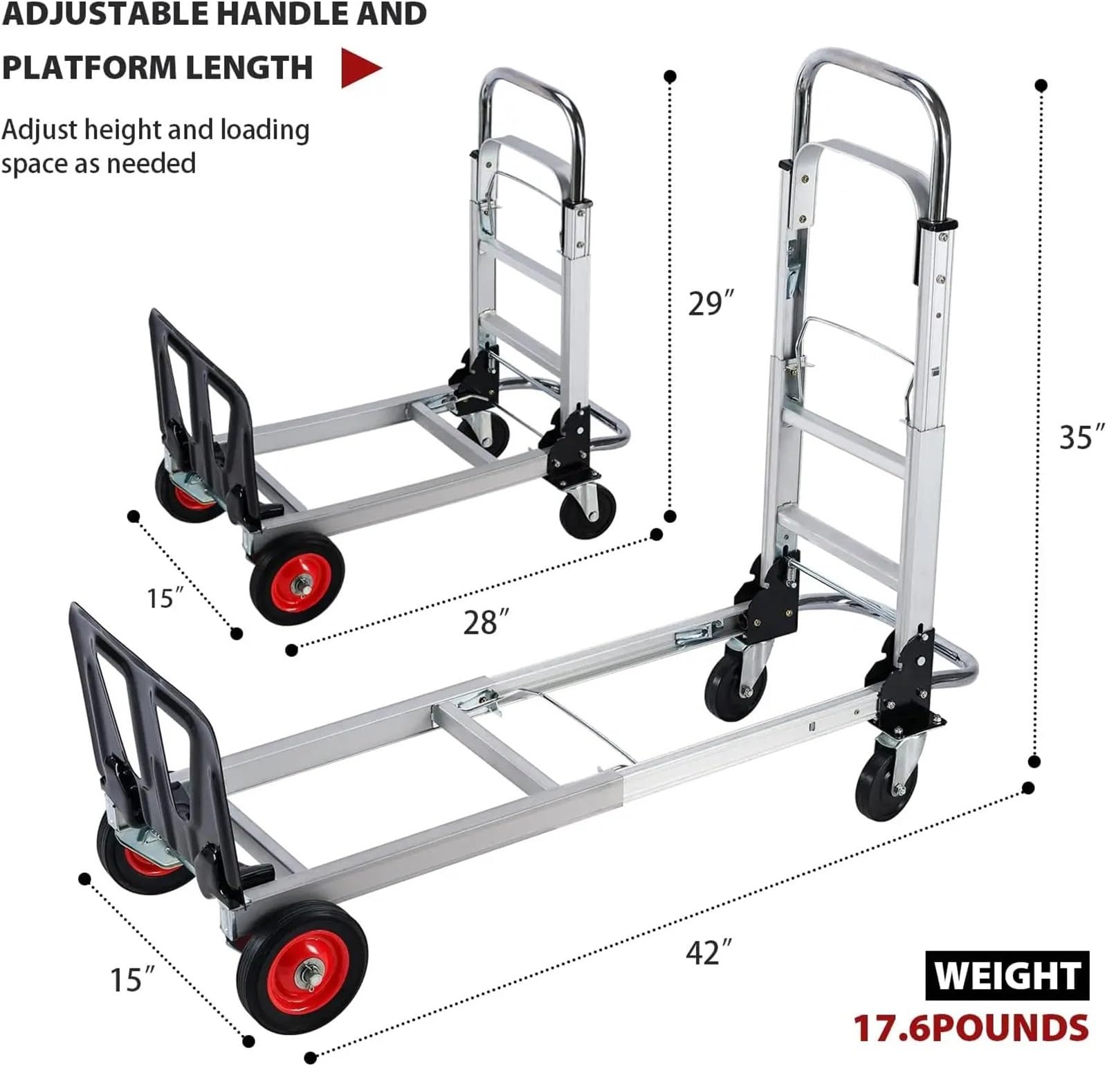 Carrello manuale Dolly ad alta capacità 2 in 1 convertibile pieghevole Para ruote pneumatiche e telescopiche