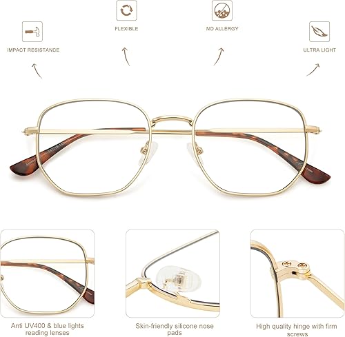 Miniatura 4 de Paquete de 3 lentes de lectura cuadrados retro para hombres y mujeres, clásicos con bloqueo de luz azul, para lectura de computadora, marco de metal