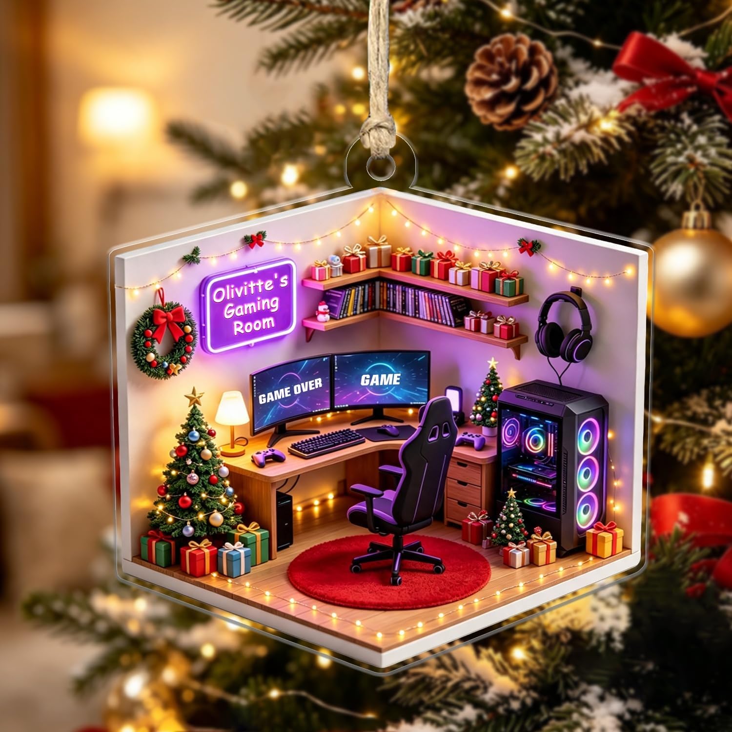Personalized Gaming Room Acrylic Christmas Ornament,Custom Name 2D Flat Game Room Decor,Gamer Setup Ornament Gift for Gamers Men Gaming Lovers Xmas Tree Keepsake