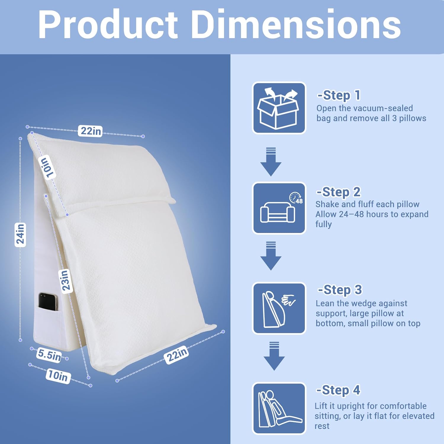 3PCS Wedge Reading Pillow for Sitting in Bed Adult, 2-in-1 Adjustable Bed Wedge Pillow for Sleeping, Ergonomic Back Support Pillow for Watching TV, Gaming, and Reading with Washable Cover - Image 7