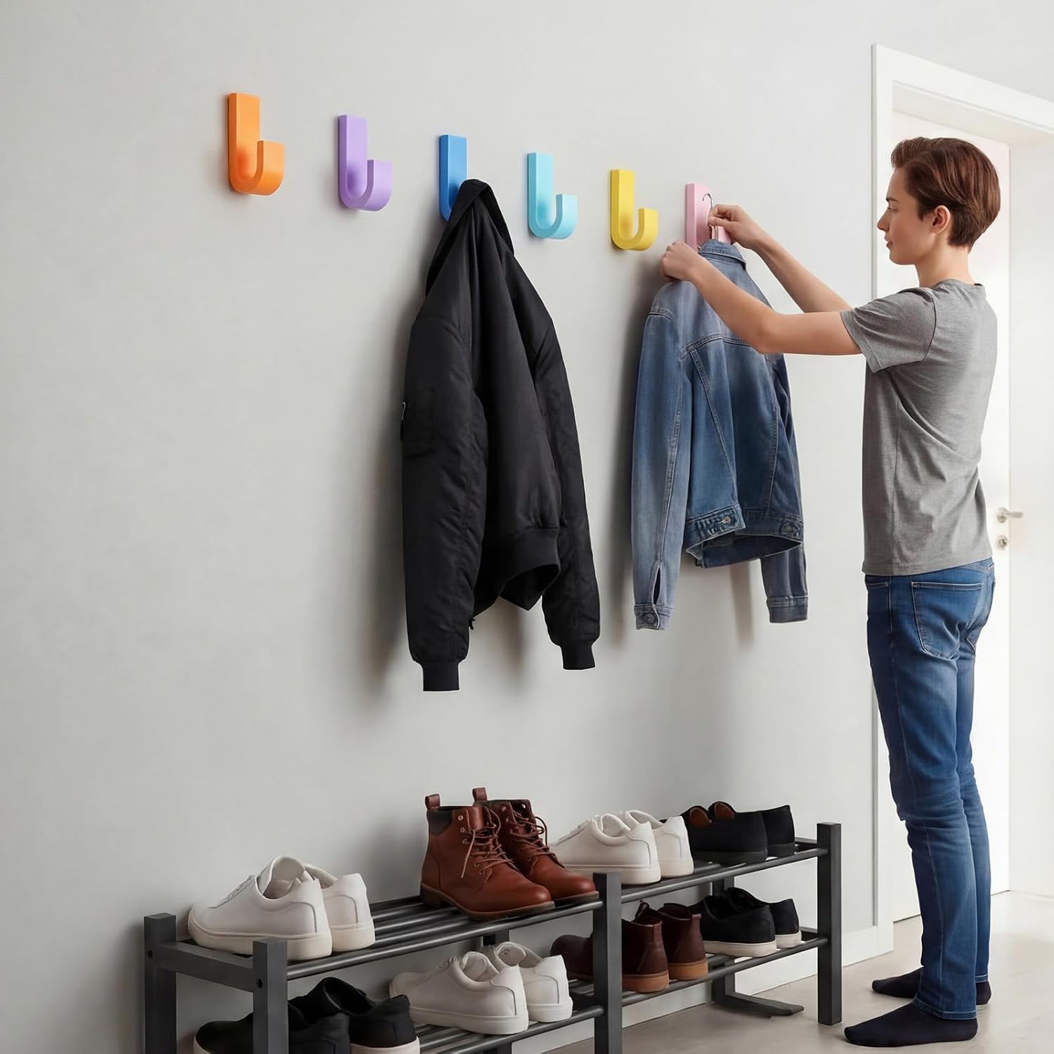 Novabright 6 Pack Colorful Coat Wall Hooks Plastic Adhesive Wall Mounted Hangers Backpack Hooks for Bathrooms Towel Clothes Office Decoration (Pastel)
