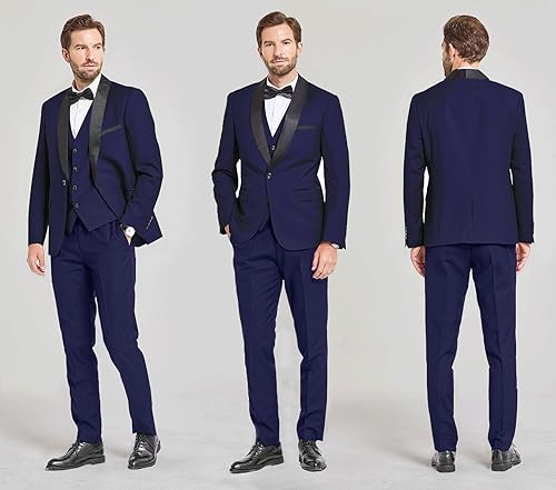 Miniatura 5 de MY'S Traje de 3 piezas para hombre, chal, solapa, un botón, esmoquin de tela de invierno, ajuste delgado, chaqueta de cena, chaleco, pantalones y