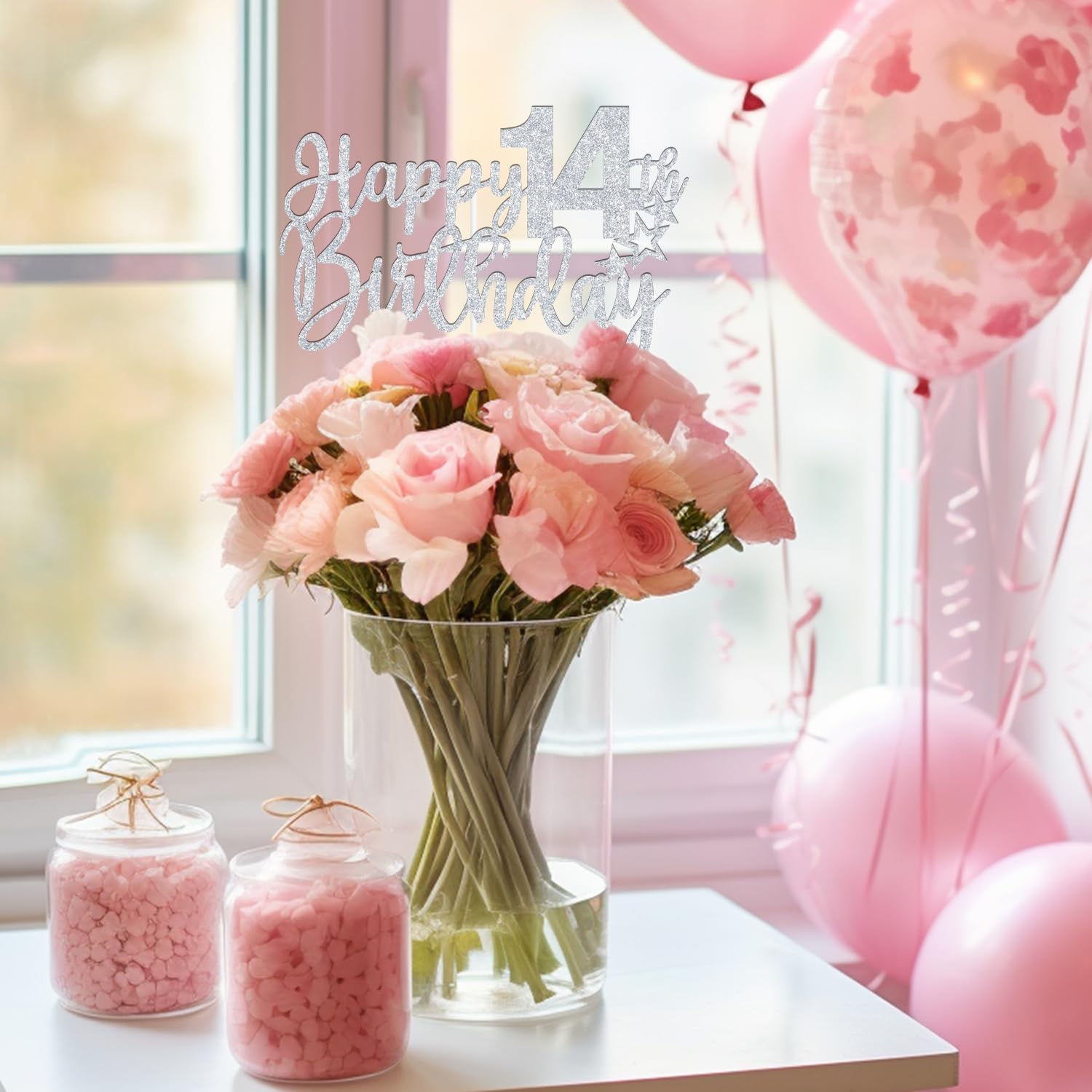 Tortenaufsatz Zum 14. Geburtstag – Silber Glitzernd – 'Cheers To 14 Years' – Teenager-Deko