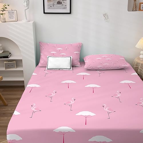 Miniatura 2 de Juego de sábanas de flamenco tamaño California King, color rosa, sábanas y fundas de almohada para niñas, juego de 4 piezas  Sábana bajera ajustable