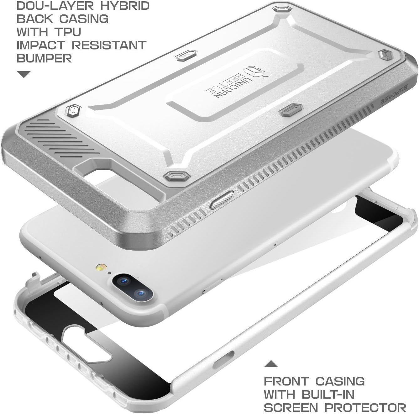 Supcase Unicorn Beetle Pro Series Phone Case Designed for Iphone 8 Plus, with Built-In Screen Protector Full-Body Rugged Holster Case for Apple Iphone 7 Plus 2016/ Iphone 8 Plus 2017 Release (White)