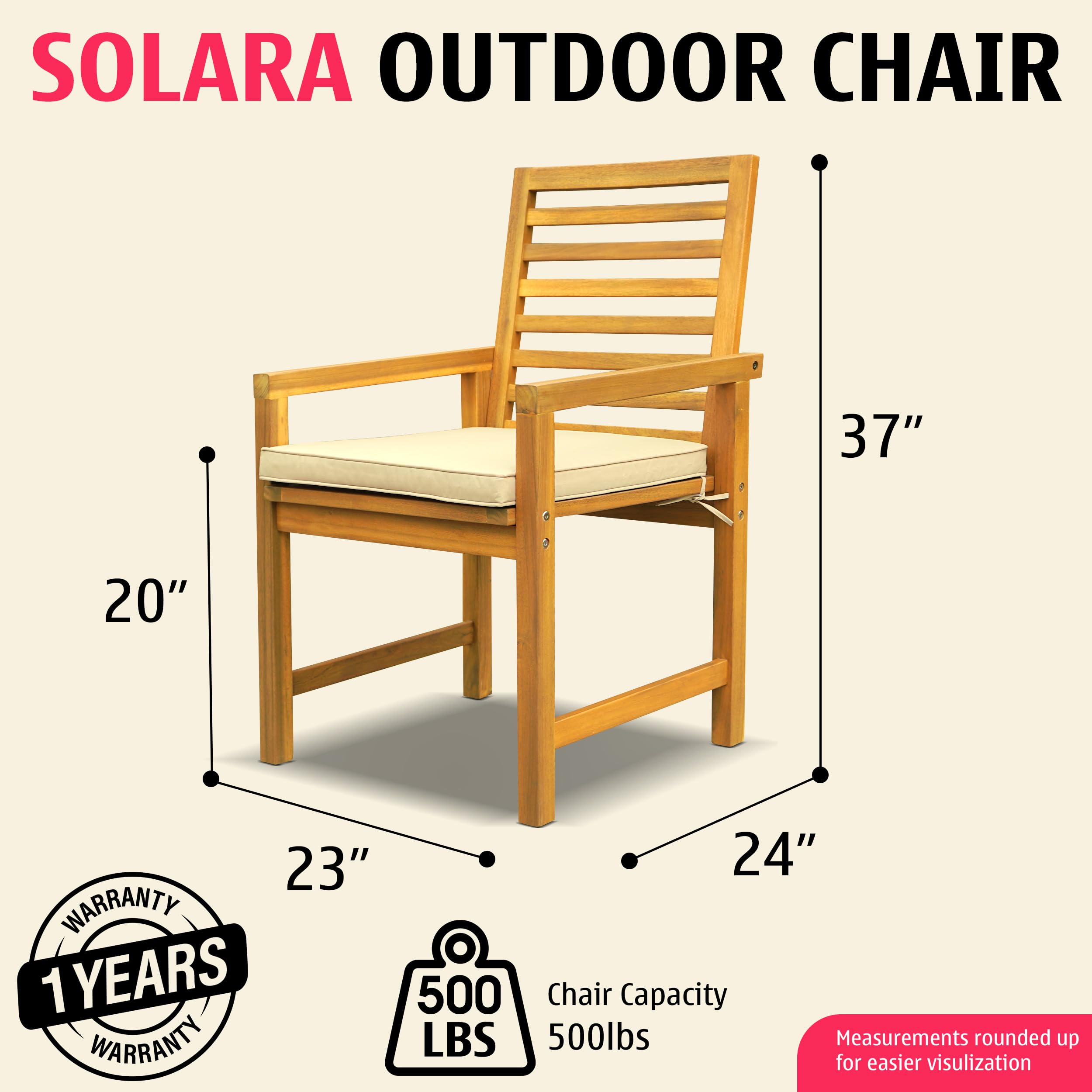 Solara - Juego de 2 sillas de madera de acacia para exteriores con cojines, capacidad de 500 libras, sillones de madera resistentes a la intemperie, sillas de jardín y terraza de madera 2