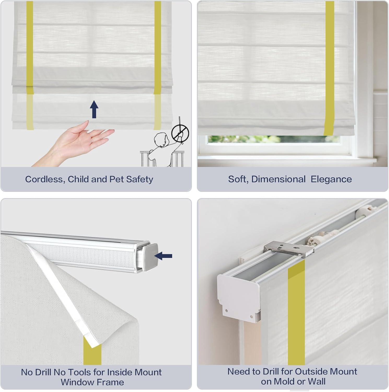 LANTIME Cordless Window Roman Shades, No Drill No Tools Elegant Blackout Light Filtering Navy Fabric Window Roman Shades for Windows, Doors