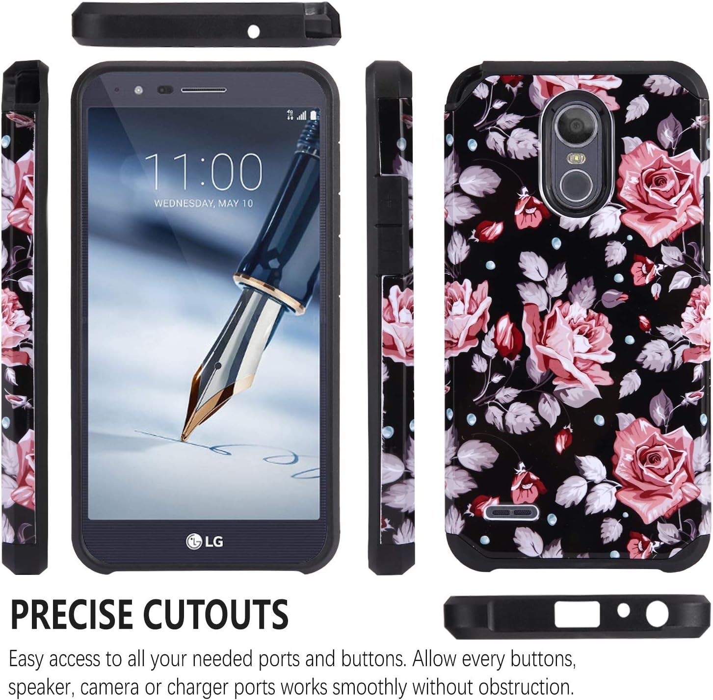 Starshop Shock Absorption Drop Protection Case Compatible For LG Stylo 3, LG Stylo 3 Plus, With [Premium Screen Protector Included], Dual Layers Impact Advanced Rugged Protective Cover - Pink Rose
