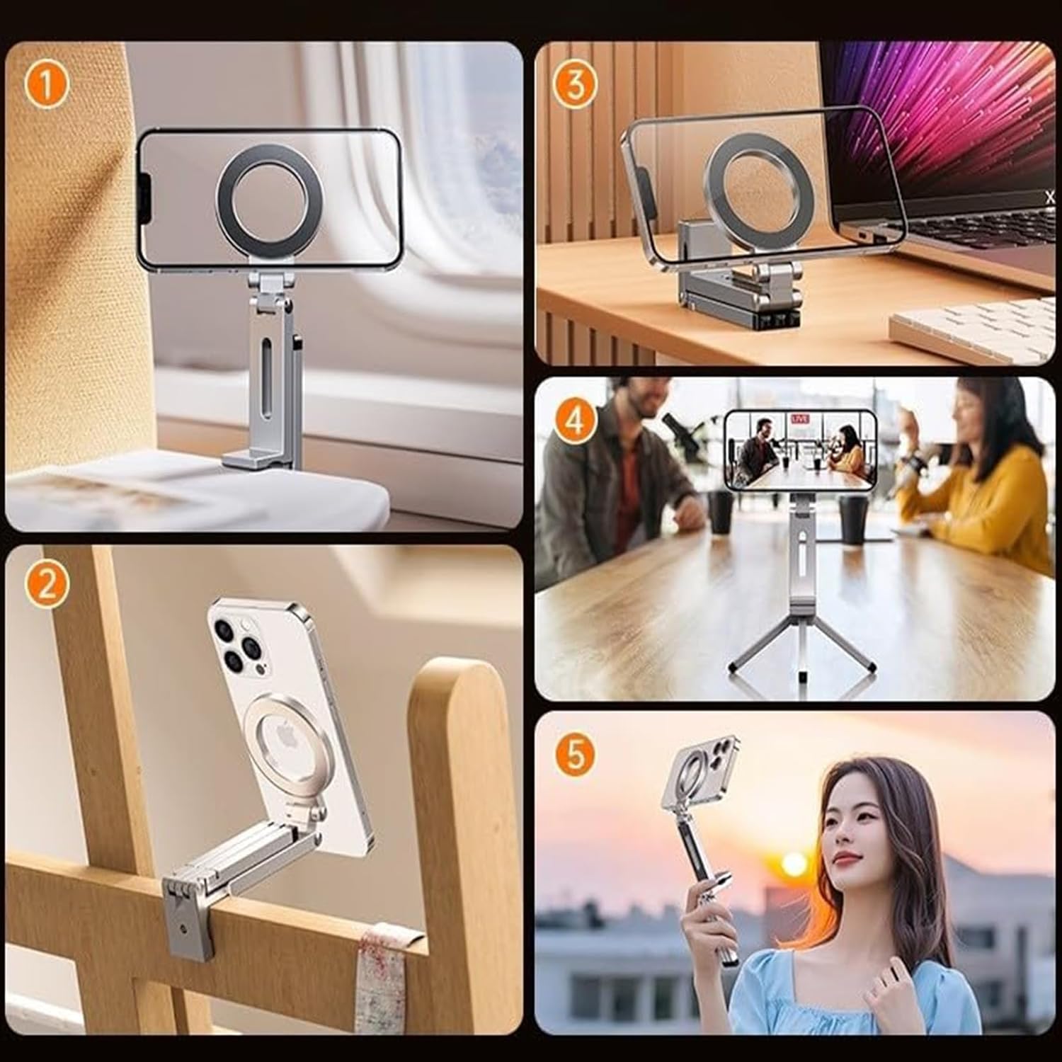 Magnetic Tripod Phone Stand, Adjustable Foldable Aluminum Alloy Megnet Cell Phone Tripod Holder with Universal 1/4 Screw Interface for iPhones and Androids with Magnetic Ring