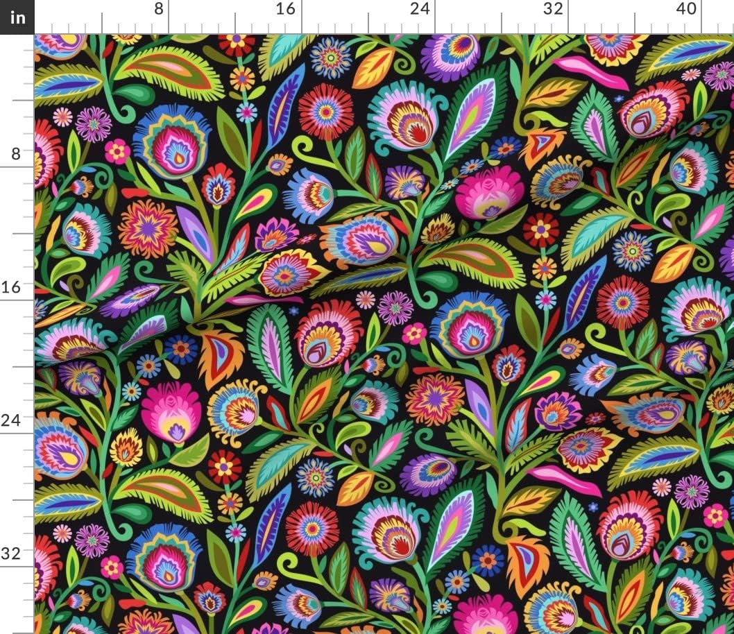 Spoonflower Fabric - Wycinanki Floral Garden European Bright Maximalist Folk Art Style Printed on Petal Signature Cotton Fabric by The Yard - Sewing Quilting Apparel Crafts Decor