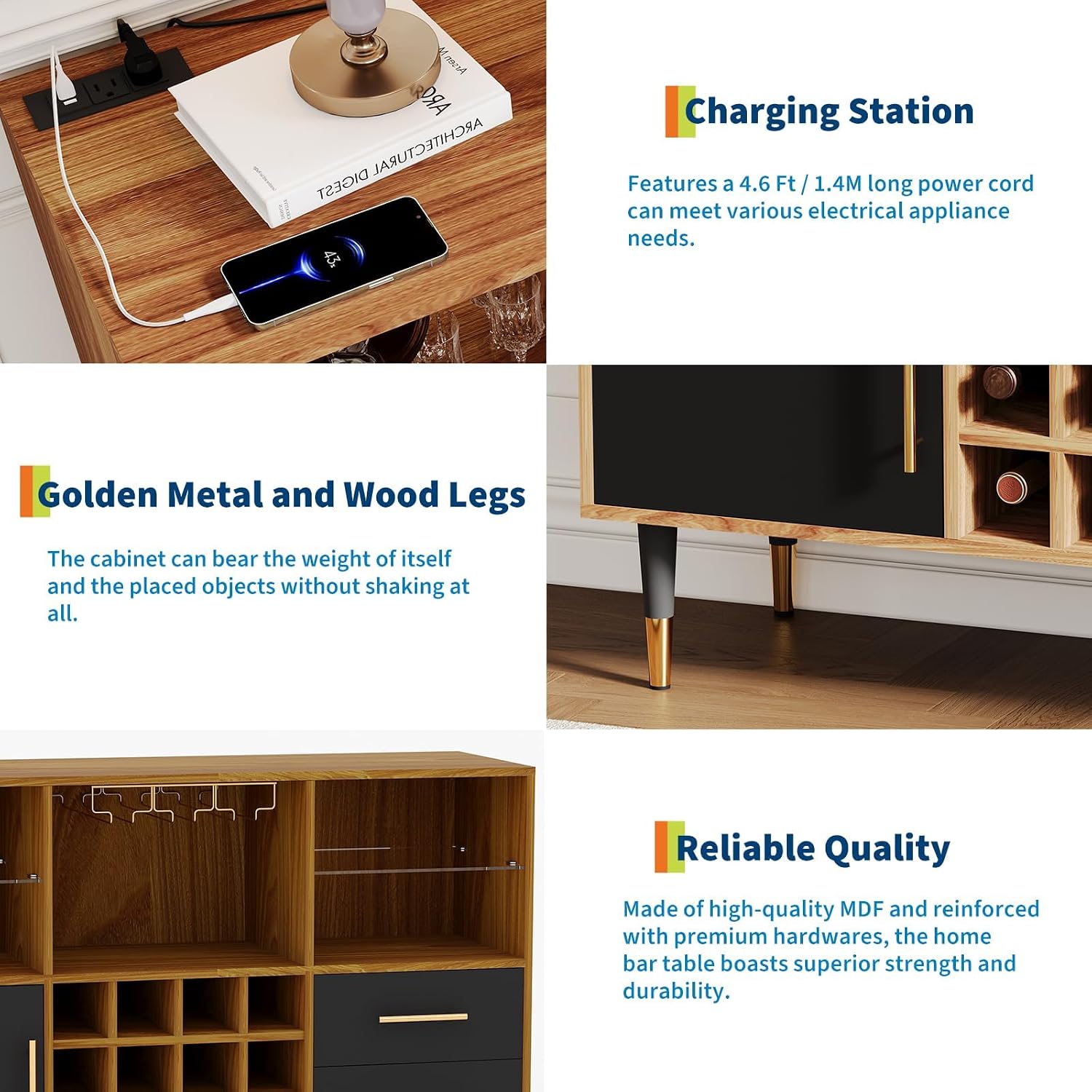 47-Inch Modern Wood Bar Cabinet Sideboard with Customizable RGB LED Mood Lighting, Charging Station (2 AC + 2 USB), 12 Wine Rack, Storage Compartments, Sleek Brown Finish for Homes & Apartments