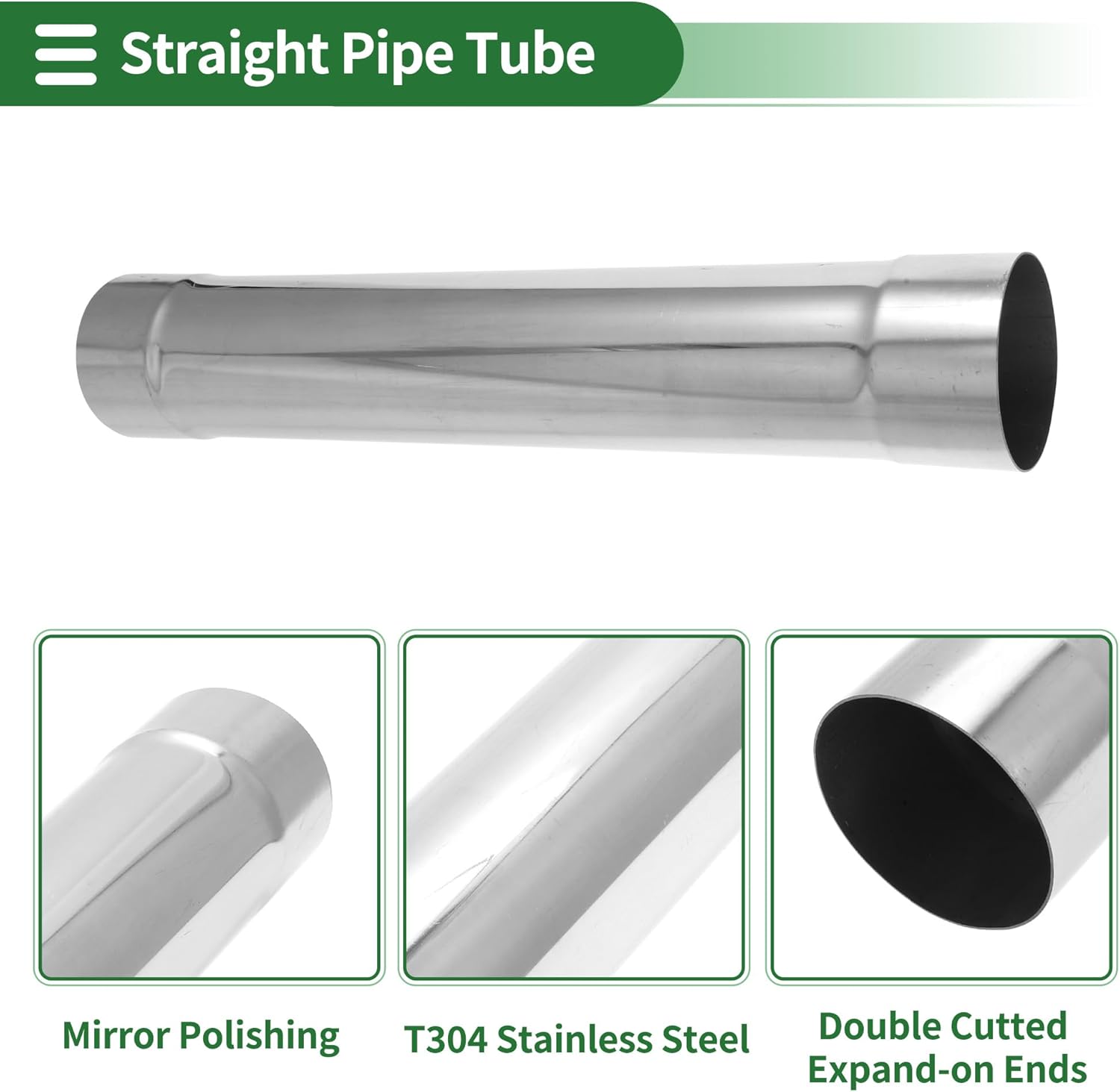 Motoforti 2.75" OD Straight Exhaust Pipe Tube T304 Stainless Steel Car Tubing Piping 17" Length Double Expand-on Ends Surface Polishing Silver Tone