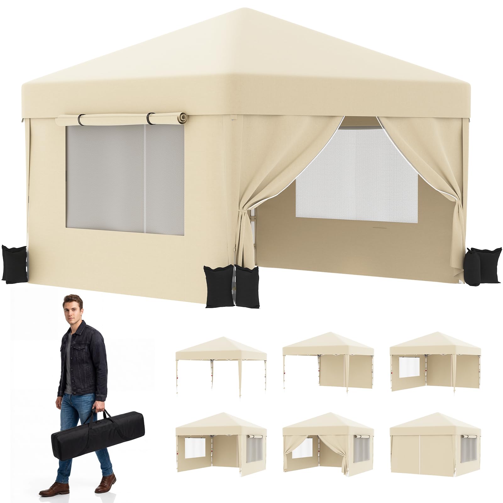 JUMMICO Gazebo 3x3 Pieghevole Impermeabile｜Zanzariera Arieggiata Anti-Insetti｜Robusto, Durevole, Impermeabile e Anti-UV｜Installazione e Rangement Rapidi｜Ideale per Cortile, Campeggio e Altro｜Beige
