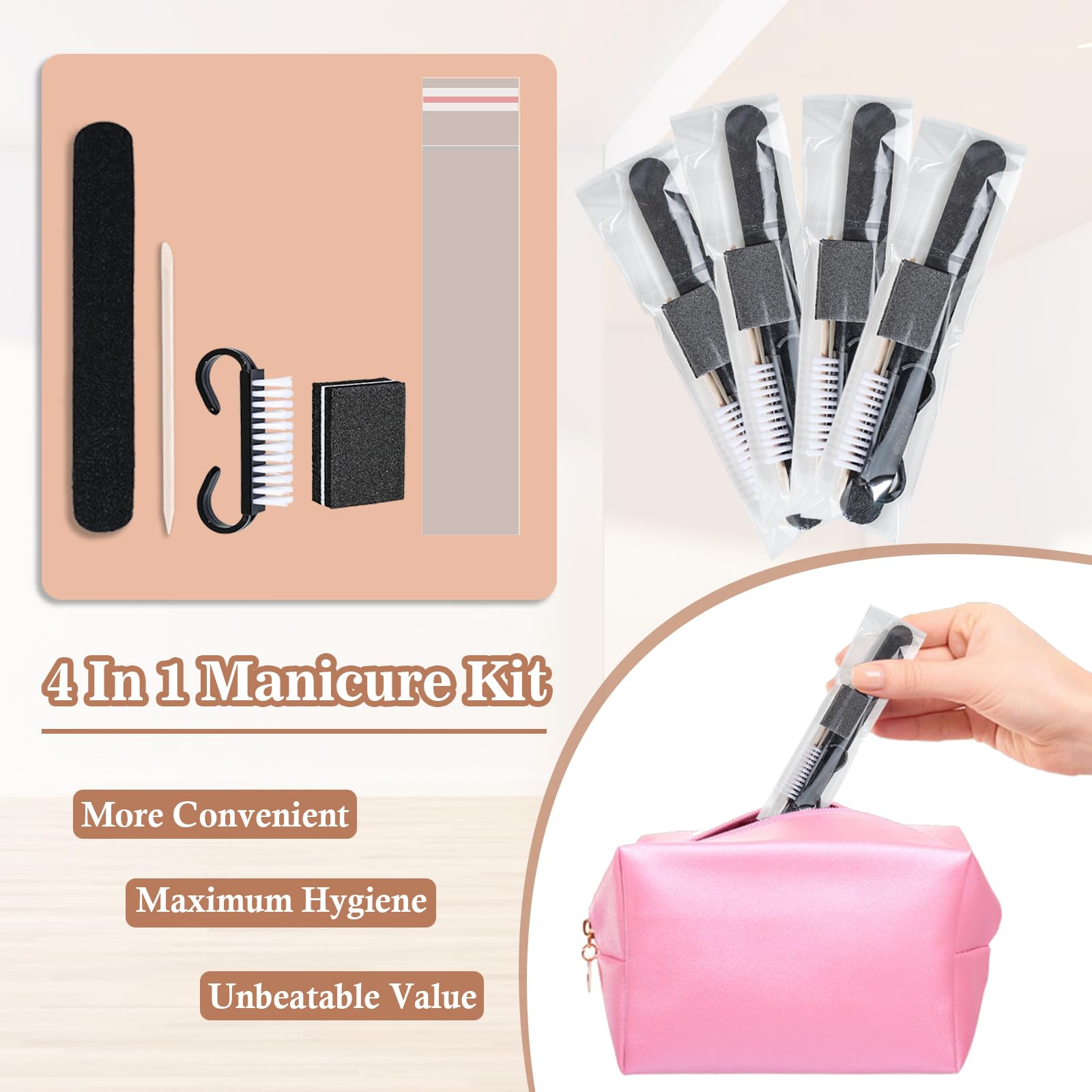 20 Sets Disposable Manicure Kit Basics 4 Piece Nail Kit for Travel,Handle Grip Brush,Mini Nail Buffer Nail File and Wood Stick for Gifts Salon Home Professional(20 Set-Black)