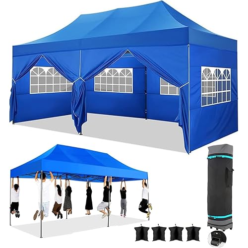 COBIZI 10x20 Heavy Duty Pop Up Canopy Tent with 6 Sidewalls Thicken Frame, Commercial Easy Up Outdoor Wedding Party Tents, All Season Waterproof Windproof with Stakes Sandbags Ropes Roller Bag, Denim
