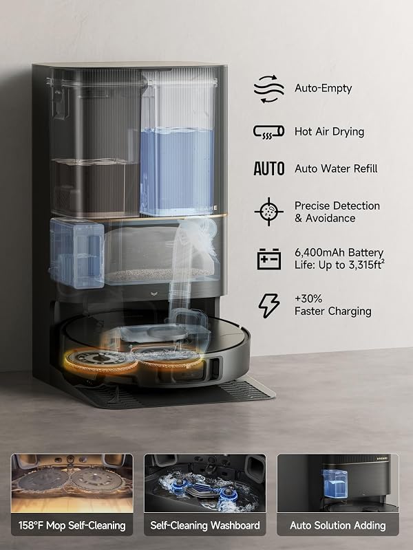 DREAME X40 Ultra Robotic Vacuum with Removable & Liftable Mop, 12,000Pa Suction, Side Brush Extensive Cleaning, 158°F Mop & Washboard Self Cleaning, Auto-Empty, Auto Refill, liftable Brushes by DREAME - Image 3