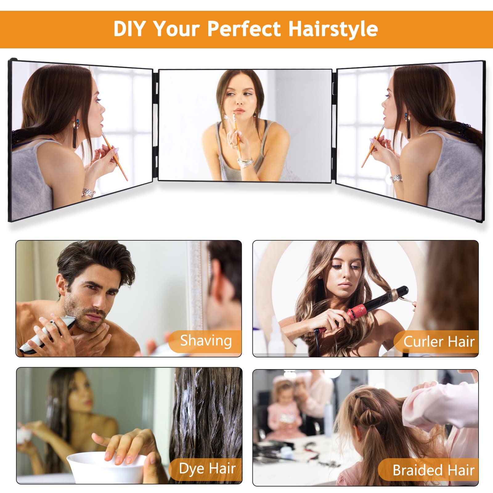 UHdod 3-voudige spiegel voor zelfhaar knippen met LED-verlichting, oplaadbare 360° kappersspiegel, drievoudige spiegel, oplichtende spiegel voor make-up, haarstyling, unieke verjaardag voor man vrouw