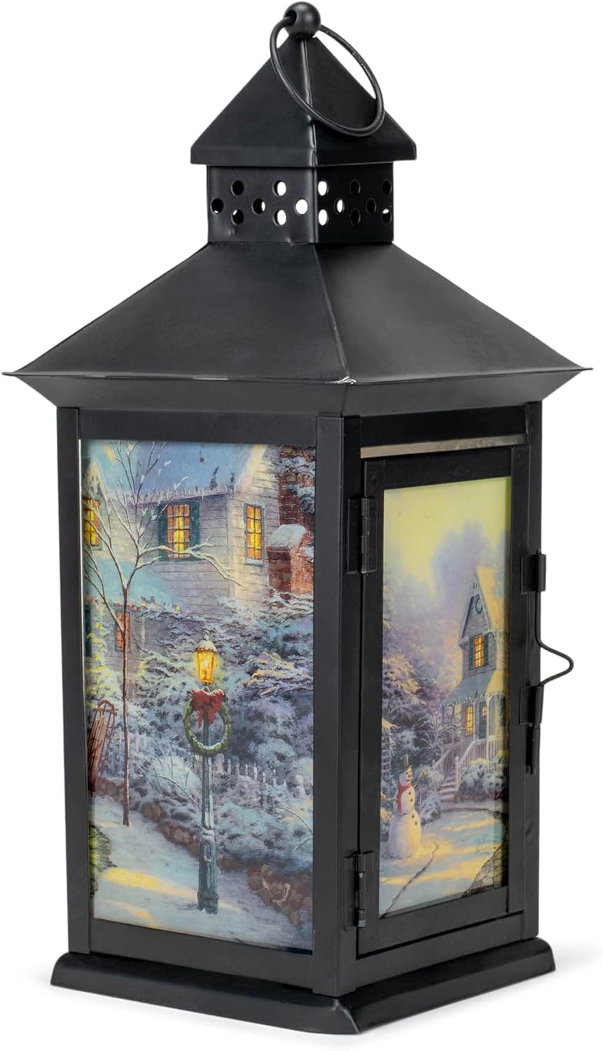 Thomas Kinkade Night Before Christmas Metal Holiday Flameless LED Lantern, Black, 13.5 Inch
