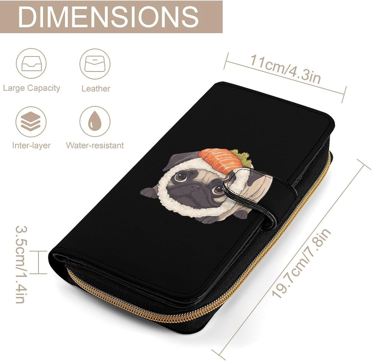 Sushi Pug Dog Womens Wallet for Men Slim Purse Clutch Handbag with Card Holder