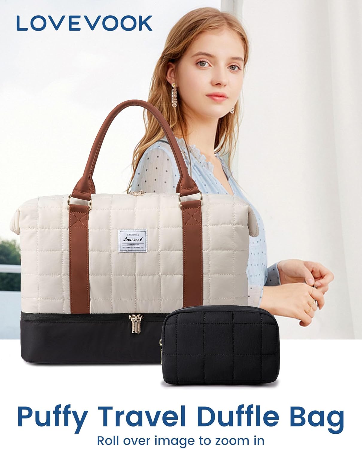 LOVEVOOK Large Duffle Bag for Travel, Puffer Weekend Bags for Women Travel Tote, Carry on Duffel Bag for Airplanes, 18 Inch Personal Item Bag Gym Bag Women, Black-White-Brown - Image 8