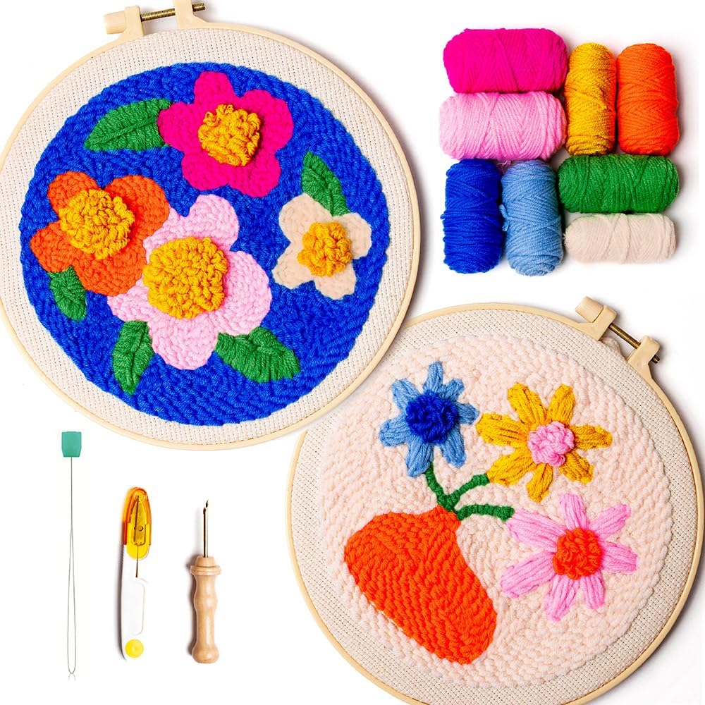 SPINNY Punch Needle Kit, Two Large Floral Designs w/ 2 Embroidery Hoops, Includes Beginner Video Tutorials and Instructions, Beginner Punch Stitch for Adults, Complete Kit for Crafters
