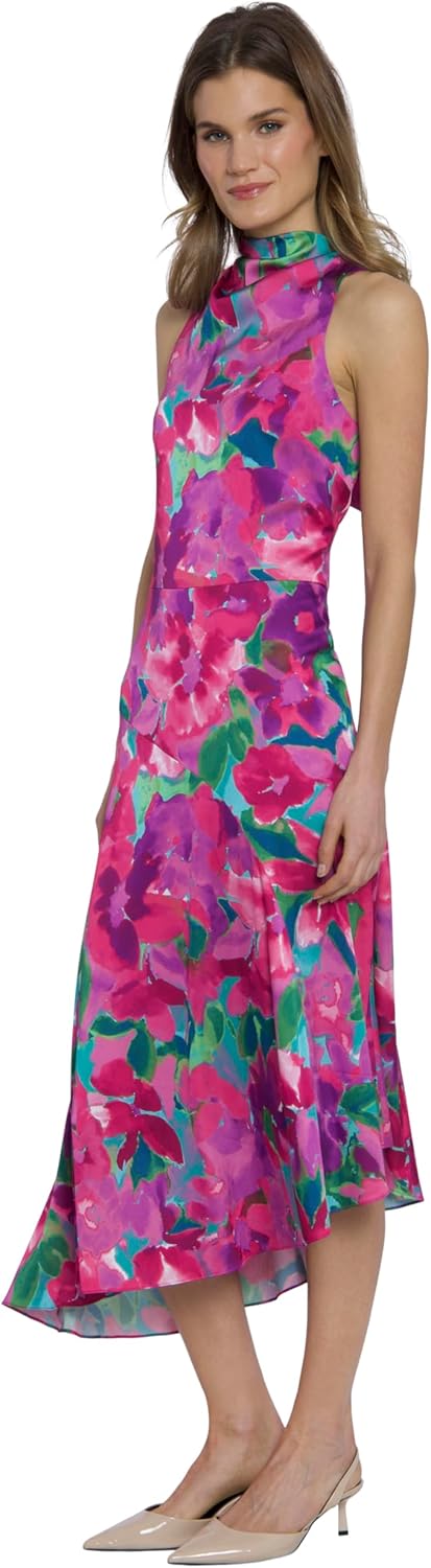 Maggy London Womens High Neck Halter Asymmetrical Fit and Flare Midi Dress | Wedding Guest Dresses for Women - Image 2