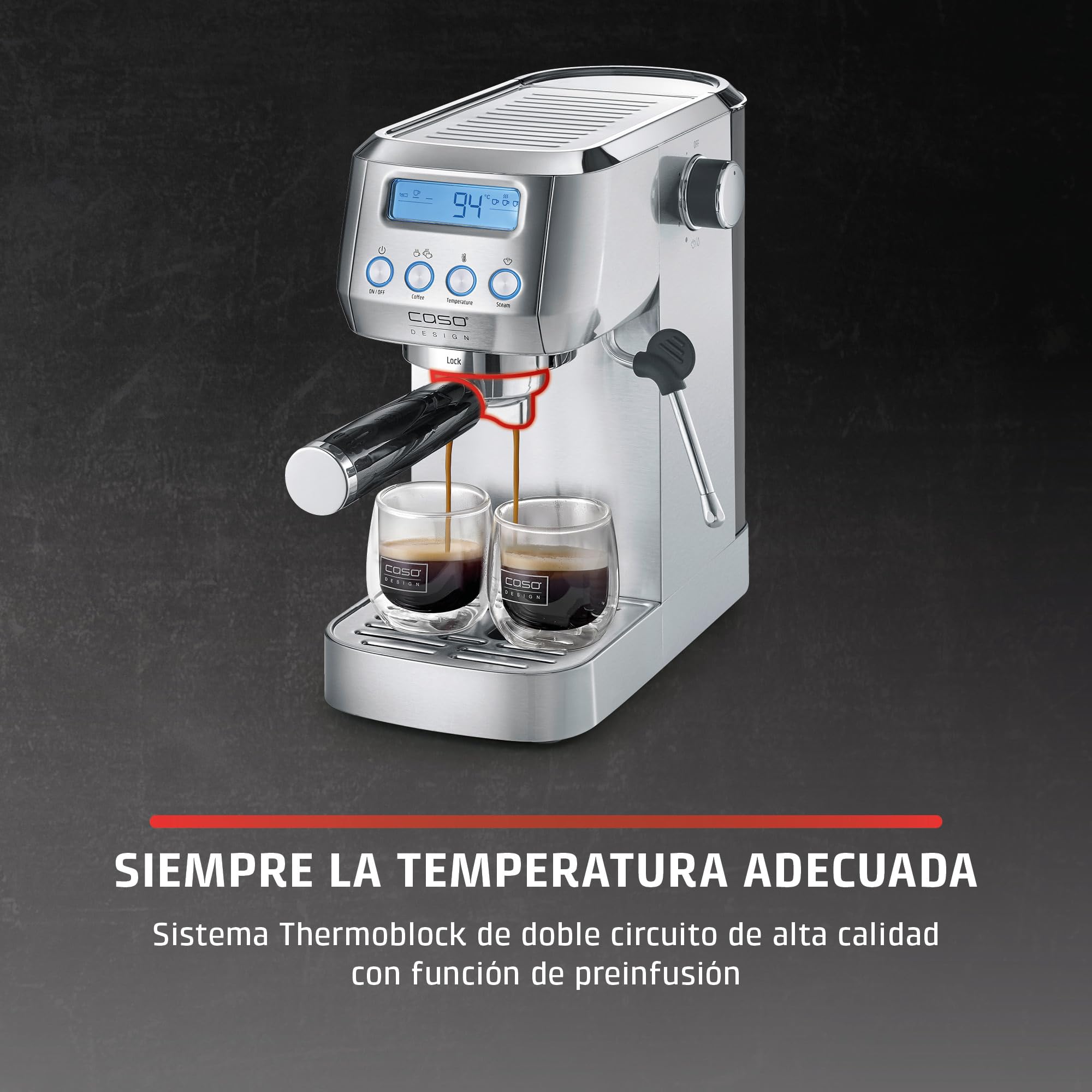 Caso Espresso Gourmet Crema - Cafetera Espresso con 1350W, bomba ULKA de 20 bares, Tiempo de calentamiento de 12 segundos, Brazo Doble Salida, Vaporizador, Superficie Calientatazas - Plata