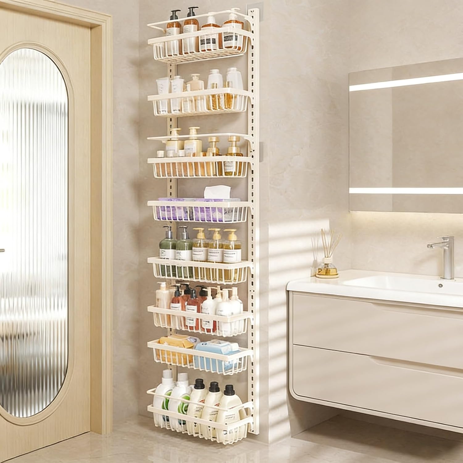 SRNSAEB Easy To Assemble Behind The Door Storage for Kids Room/Pantry/Shop, High 25" 51" 76" Over The Door Multi-tier Shelf Organizer, Door Spice Wall Mount Holder Rack(White 40cm/15.7",8 Tier)